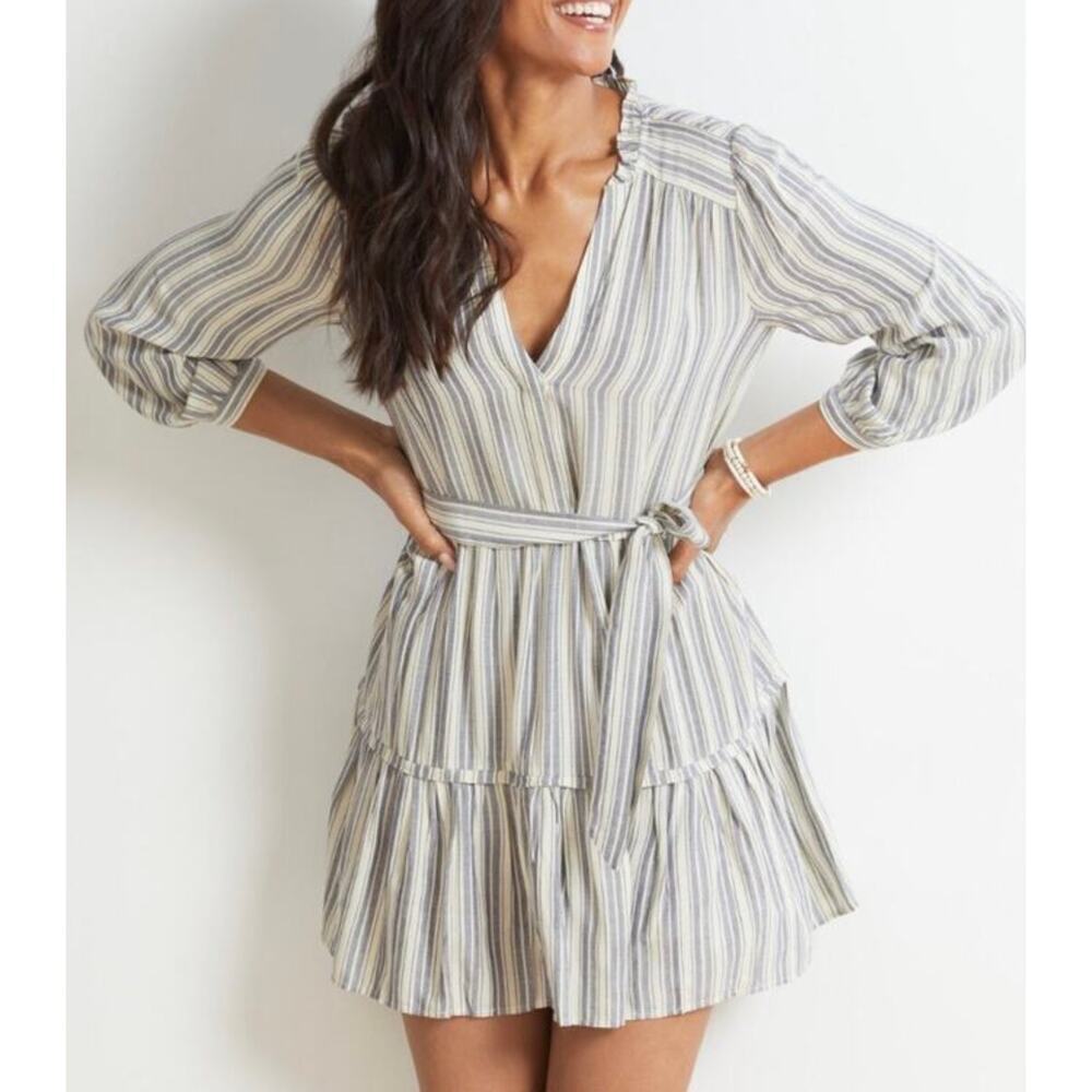 Paige Kylenn Mini Dress Striped Pleated 3/4 Sleeves Blue Cream Size Small